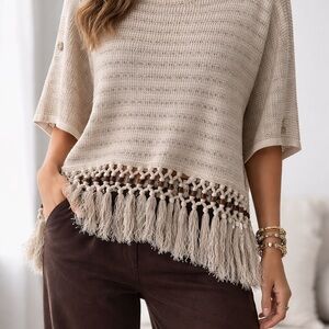Elegant Fringe Hem Beige Poncho